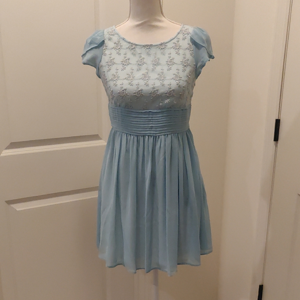 Semir Light Blue Lace/Embroided Short Sleeves, Short Dress